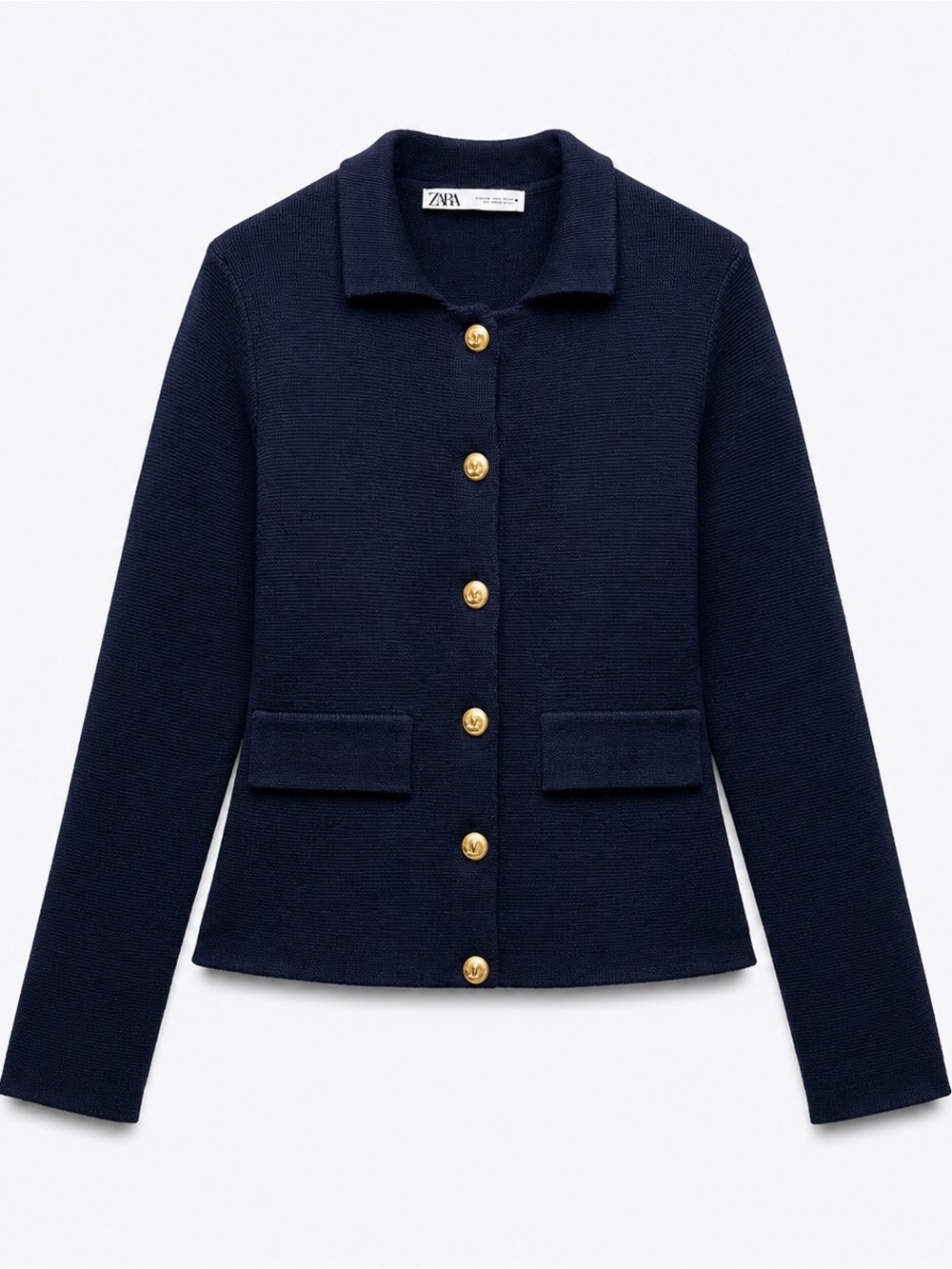 Zara Navy Blue Knit Button-Front Cardigan Jacket with Gold Buttons
